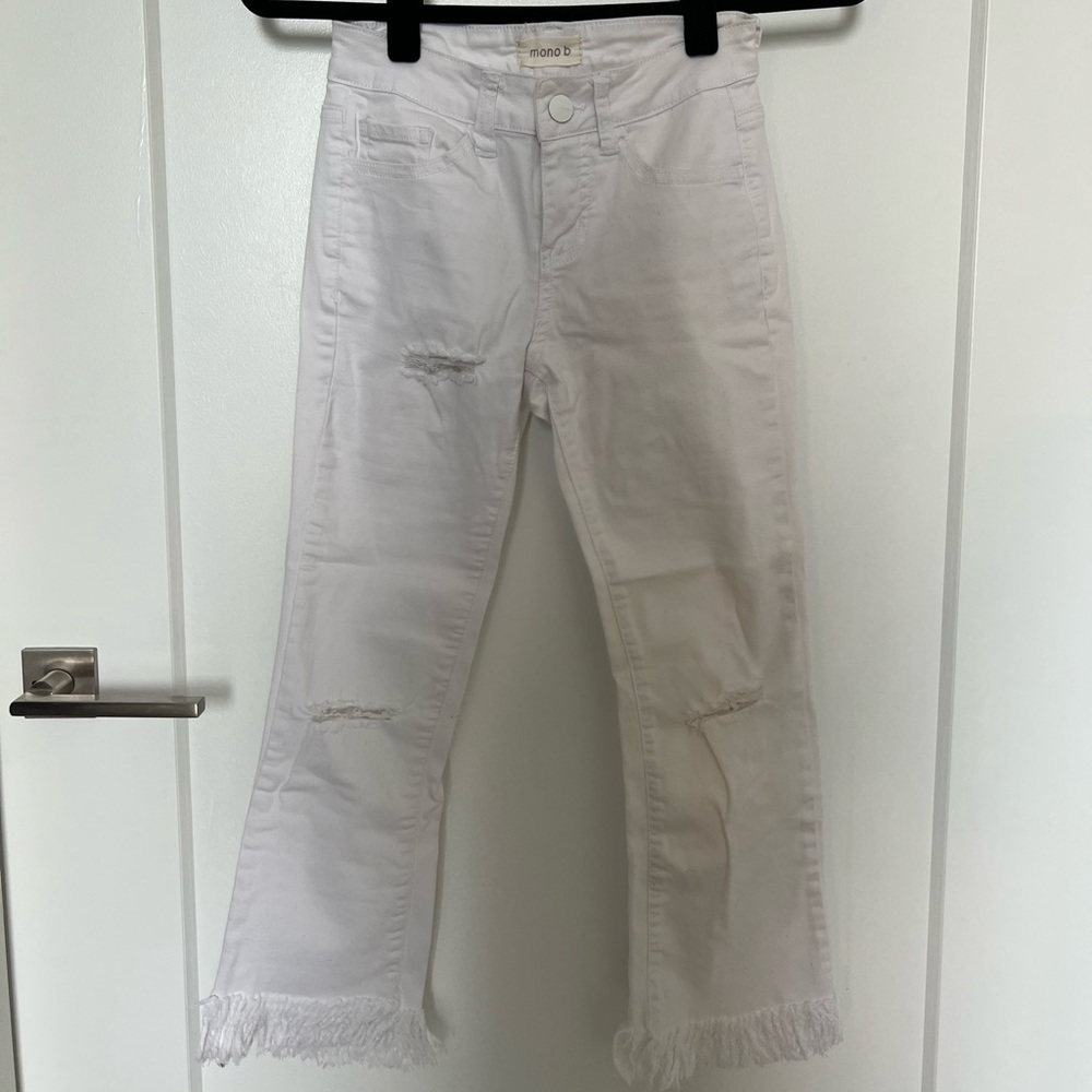 White Cropped Fringe Hem Jeans